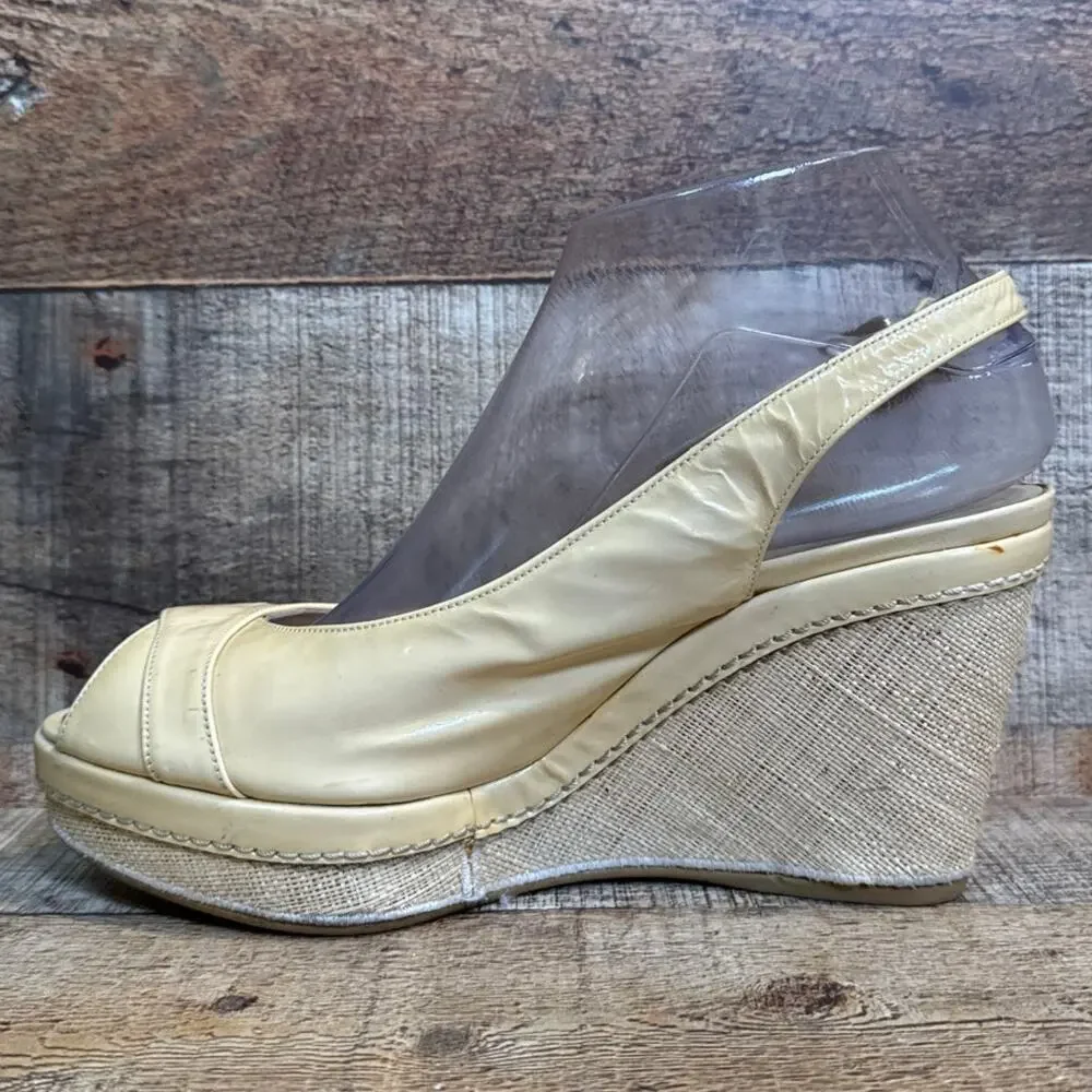 Stuart Weitzman Patent Leather Tan Wedge Slingback Heels Peep Toe Size 8 - Picture 7 of 14
